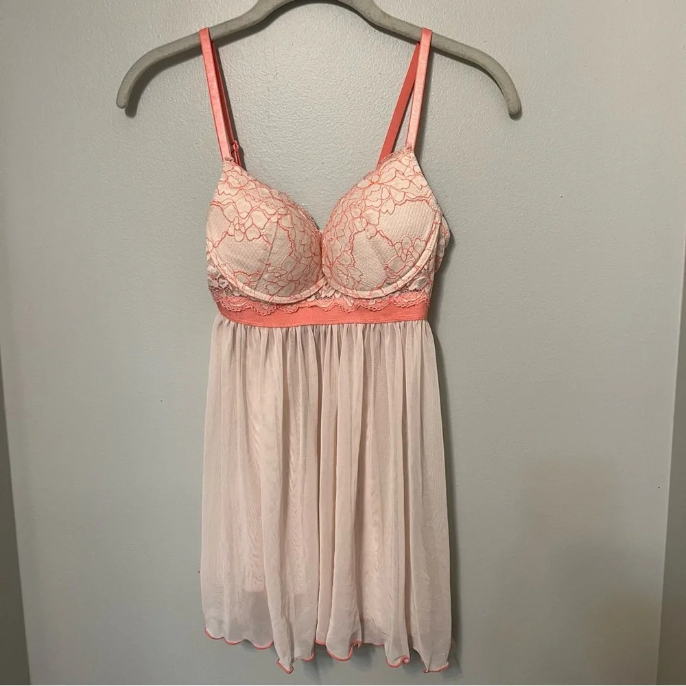 Night gown pink push up lacy sheer mini night gown lingerie‎ woman’s S nightie